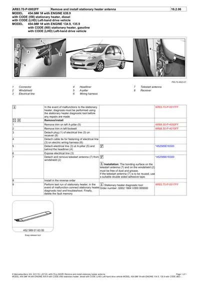 Service procedure showing antenna removal steps with windshield, connector, and receiver callouts.