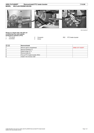 Service procedure for PTC heater booster removal and installation on Smart Fortwo 454.