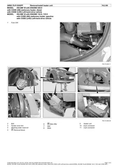 Exploded view diagram showing heater unit removal steps with numbered callouts for bolts, connectors, and components.