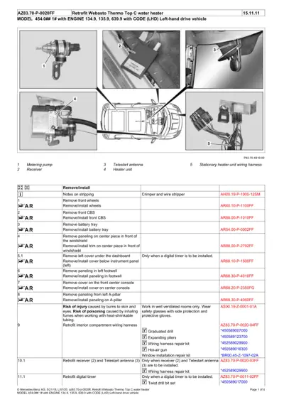 Five component photos showing metering pump, receiver, antenna, heater unit, and wiring harness with top-down vehicle diagram and service procedure table.