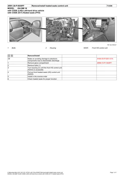 Three technical photos showing bolt locations, housing access, and front heated seats control unit position in vehicle.
