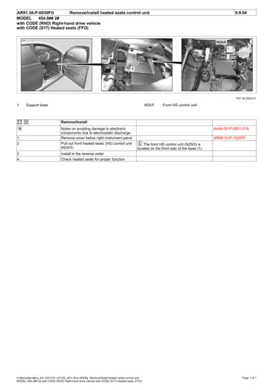 Three photos showing heated seat control unit location, support base, and removal procedure for Smart Fortwo 454.