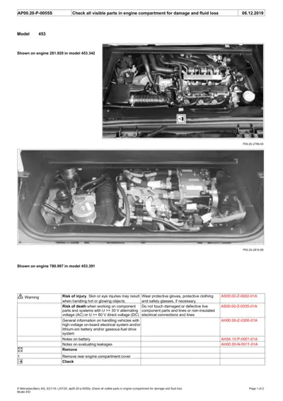 Two black and white photos of Smart 453 engine compartments with warning and service procedure information below.