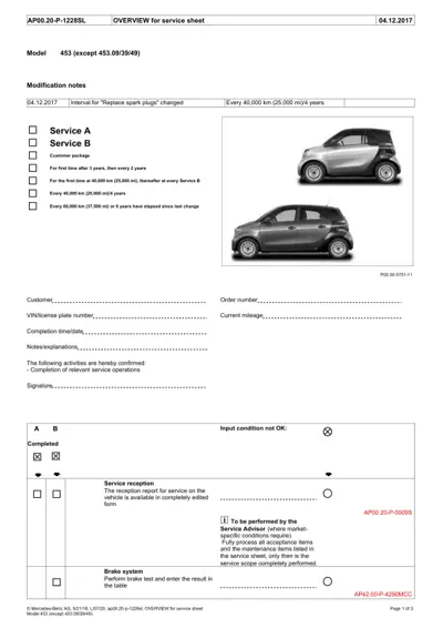 Service overview page for Smart 453 model with vehicle images and maintenance checklist