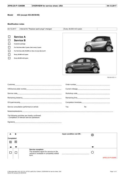 Service overview form for Smart model 453 with two vehicle side-view images and service documentation fields.