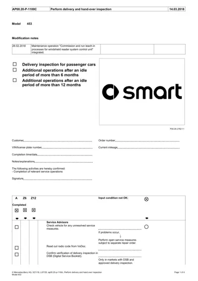 Service document page showing delivery inspection checklist for Smart model 453 with checkboxes and signature fields.