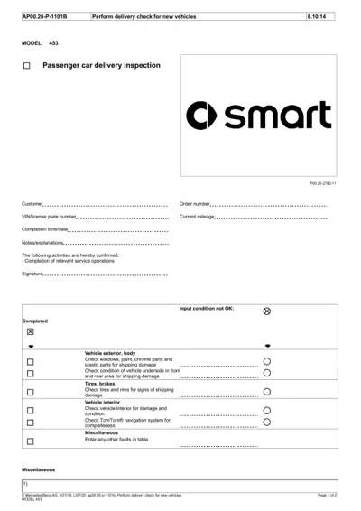 Smart Fortwo 453 new vehicle delivery inspection form with checkbox sections for exterior, tires, brakes, interior, and miscellaneous items.