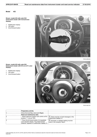 Steering wheel with instrument cluster showing multifunction display, OK button, and scroll forward button.