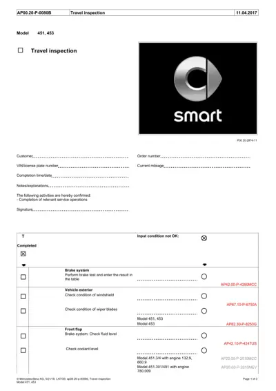Service inspection form showing customer details, brake test, windshield, wiper blades, and fluid level check boxes.