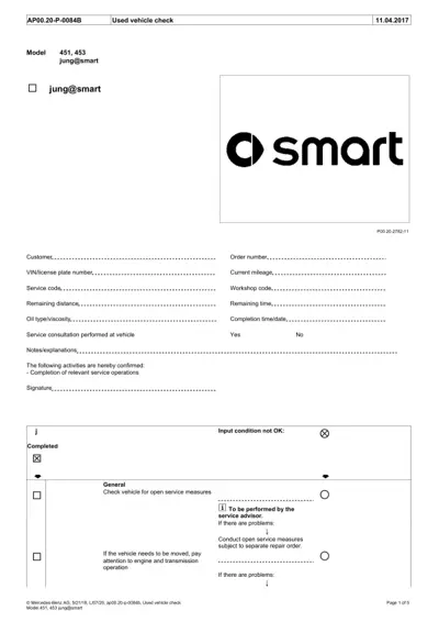 Service inspection form for Smart Fortwo with customer information fields and vehicle check items.