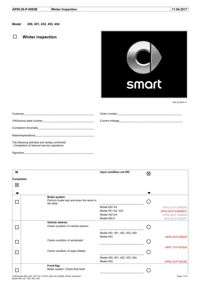 Service inspection form listing winter maintenance tasks for Smart cars with numbered checkboxes.