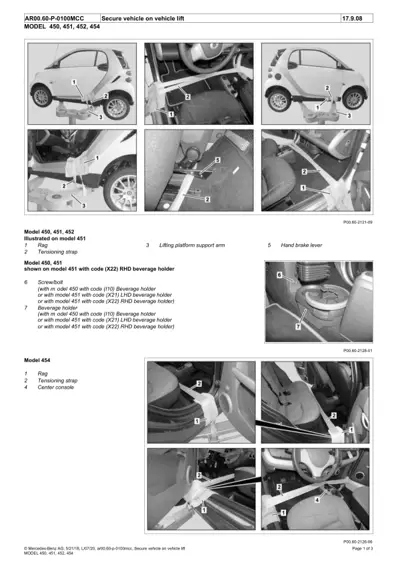 Numbered callout diagrams showing how to secure Smart car on vehicle lift with lifting equipment placement.