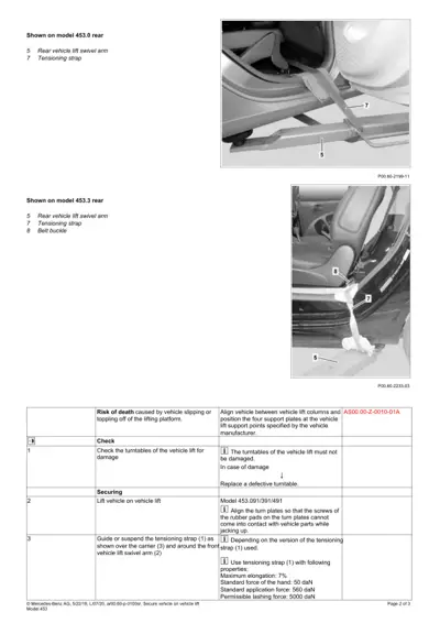 Two photos showing rear lift swivel arm and tensioning strap placement on smart car models 453.0 and 453.3.