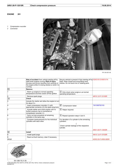 Engine bay photo showing compression recorder tool positioned on engine with numbered callouts.