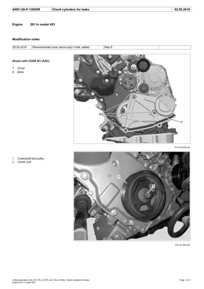 Two engine diagrams showing cylinder cover bolts and crankshaft belt pulley assembly for leak checking.