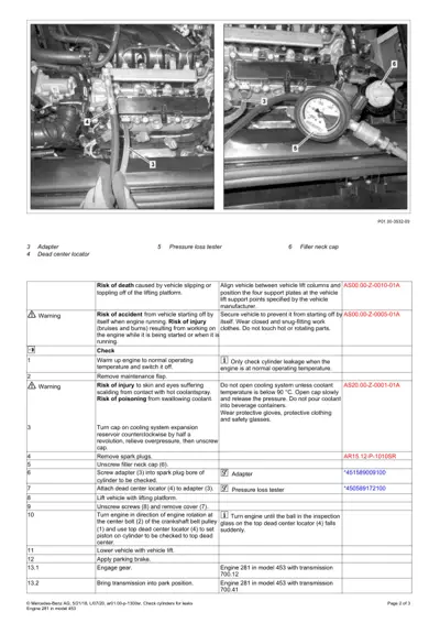 Two black and white photos showing engine bay components and diagnostic tools with numbered callouts 3-6.