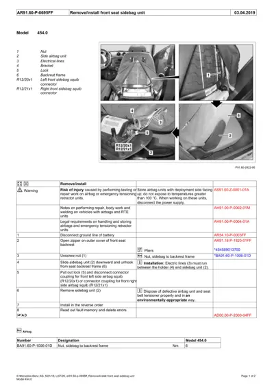 Service procedure showing four detailed photos of front seat airbag removal with numbered callouts and parts list.