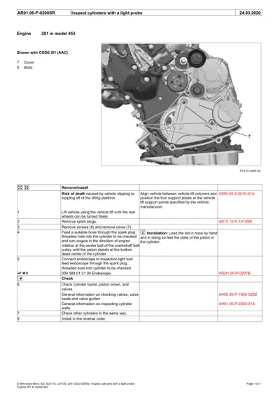 Engine diagram showing numbered callouts for cylinder inspection steps with cover and bolts labeled.