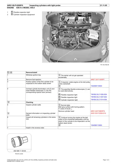 Engine bay photo with callouts showing cylinder inspection setup and wrench socket detail.