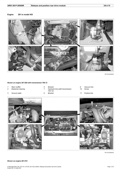 Multi-panel technical diagram showing rear drive module components and mounting locations for Smart 453.