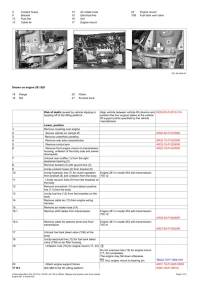 Engine removal service procedure showing three detailed photographs of engine compartment with numbered callouts and comprehensive step-by-step instructions.