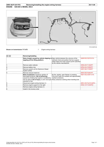 Engine bay photo and wiring harness diagram with numbered removal steps for Smart Fortwo 454