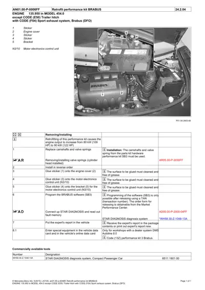 Engine bay showing Brabus performance kit components with numbered callouts and installation instructions table.