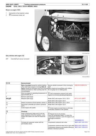 Engine bay showing compression tester gauge and sensor location on Smart Fortwo 454 model.