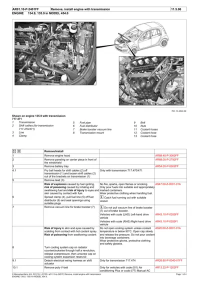 Engine bay diagram with numbered callouts showing transmission, fuel lines, coolant hoses, and mounting points.