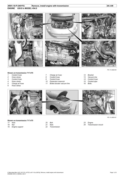 Multi-panel technical diagram showing engine bay views with 24 numbered callouts for engine and transmission removal steps.