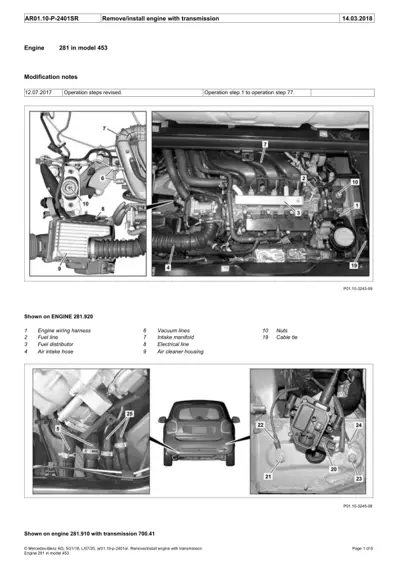 Exploded views of engine 281.920 and 281.910 with transmission 700.41, numbered callouts identifying 19 components.