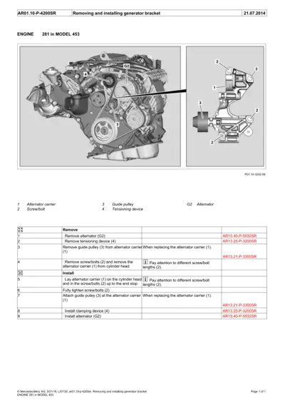 Engine diagram showing alternator, carrier bracket, and guide pulley with numbered callout labels for 453 chassis.