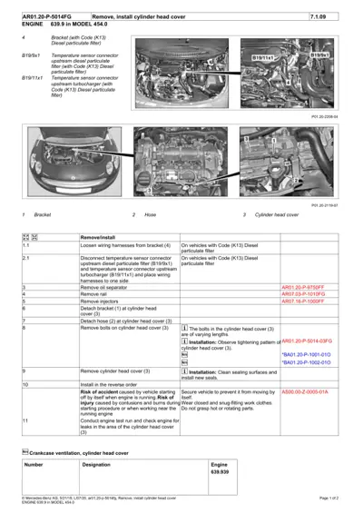 Engine compartment diagram with numbered callouts for cylinder head cover service on diesel engine