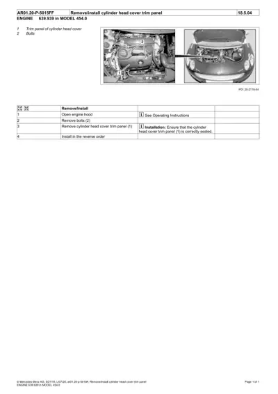 Service procedure showing engine bay photos and four-step removal/installation instructions for head cover trim panel.