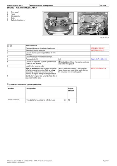 Engine bay diagram showing oil separator location with numbered callouts and service procedure table.