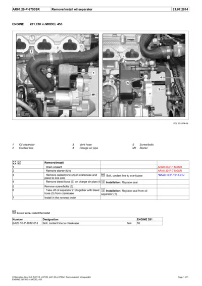 Engine bay photos showing oil separator location with callout numbers 1-5 and M1, plus removal procedure table.