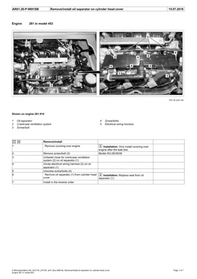 Two engine photos showing oil separator location with numbered callouts and removal steps table.