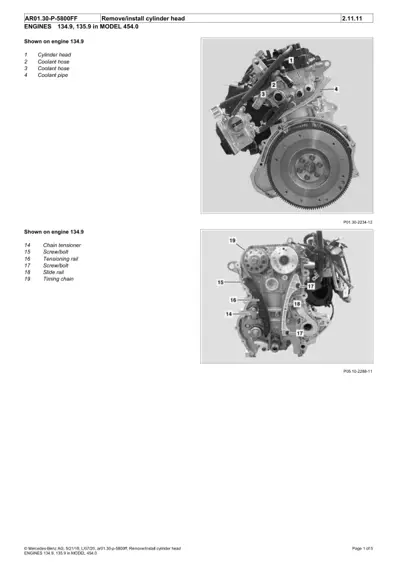 Two exploded views of engine 134.9 with numbered callouts identifying cylinder head, coolant components, and internal timing chain assembly.