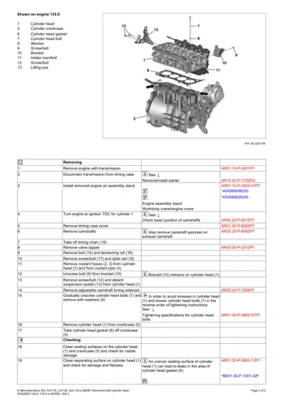 Exploded view diagram of engine cylinder head and crankcase with 13 numbered parts and removal/checking steps.