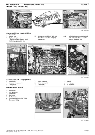 Engine cylinder head service diagram showing intake/exhaust camshafts, turbocharger, and cooling system connections on 454 Smart Fortwo.