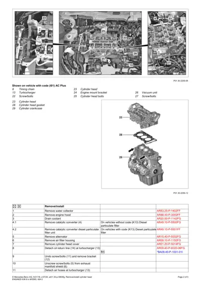 Three engine bay photos with numbered callouts and exploded diagram showing cylinder head assembly components.