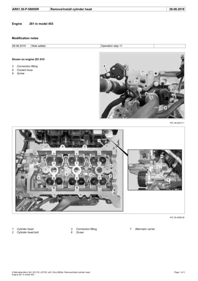 Engine 281.910 cylinder head with labeled connection fitting, coolant hose, and screw locations.