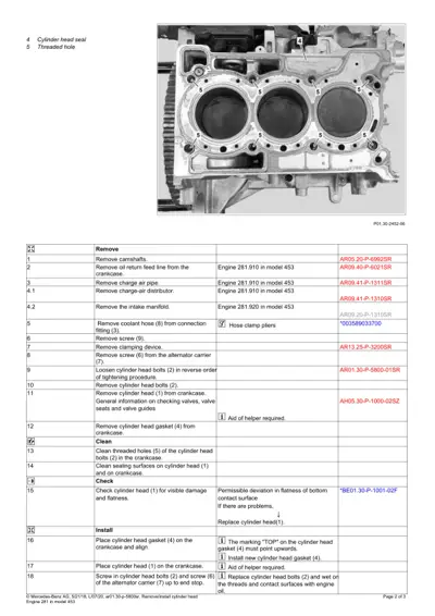 Overhead view of three-cylinder engine block with callout numbers marking bolt and component positions.
