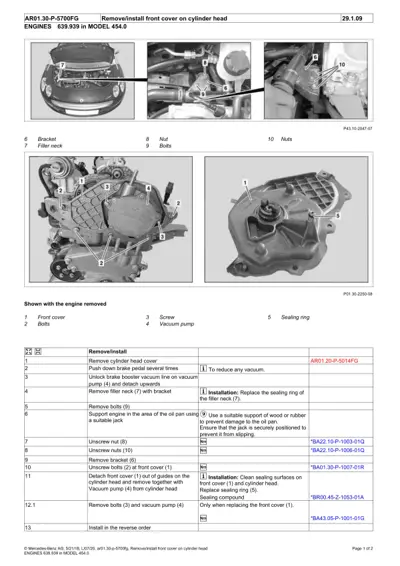Engine cylinder head front cover removal procedure with numbered callouts and component identification.