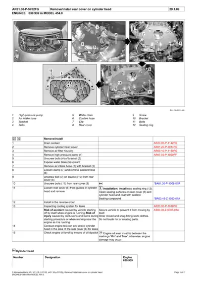 Engine service manual page showing cylinder head rear cover removal with 12 numbered callout points and detailed procedure steps.