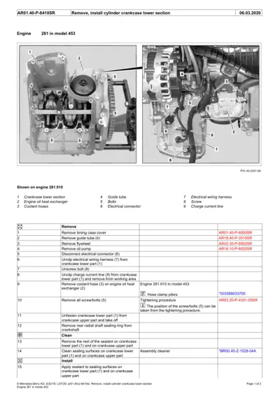 Two engine views showing crankcase lower section components with numbered callouts 1-9 and removal/installation steps table.