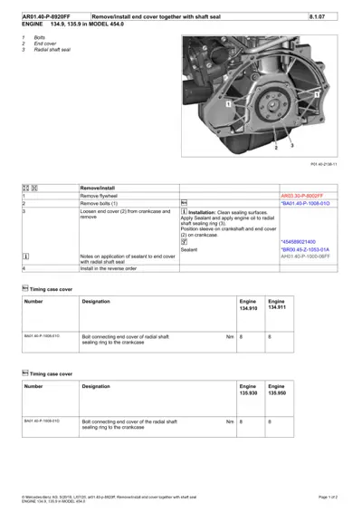 Exploded view of engine timing case cover showing bolts, end cover, and radial shaft seal with numbered callouts.