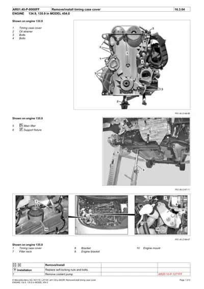 Engine timing case cover removal diagram with callout numbers identifying cover, oil strainer, bolts, lifter, fixture, bracket and mounts.
