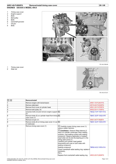 Timing case cover removal/installation service manual page with exploded engine component diagrams and numbered callout references.