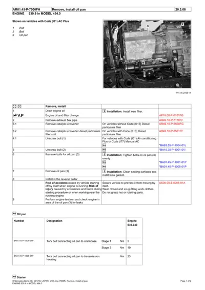 Engine oil pan service diagram with numbered callouts and torque specifications for smart fortwo 454.